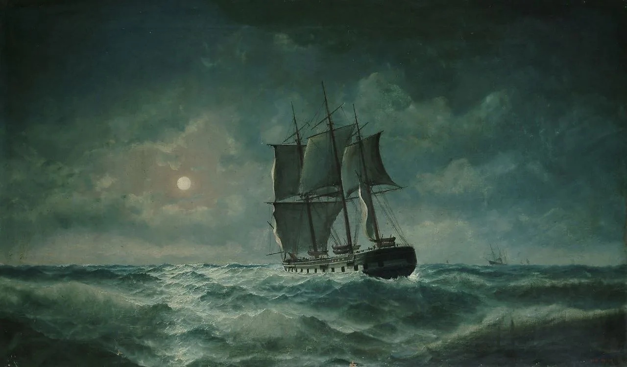 «Морской пейзаж при лунном свете с фрегатом на волнах» (A moonlit marine view with a Fr...