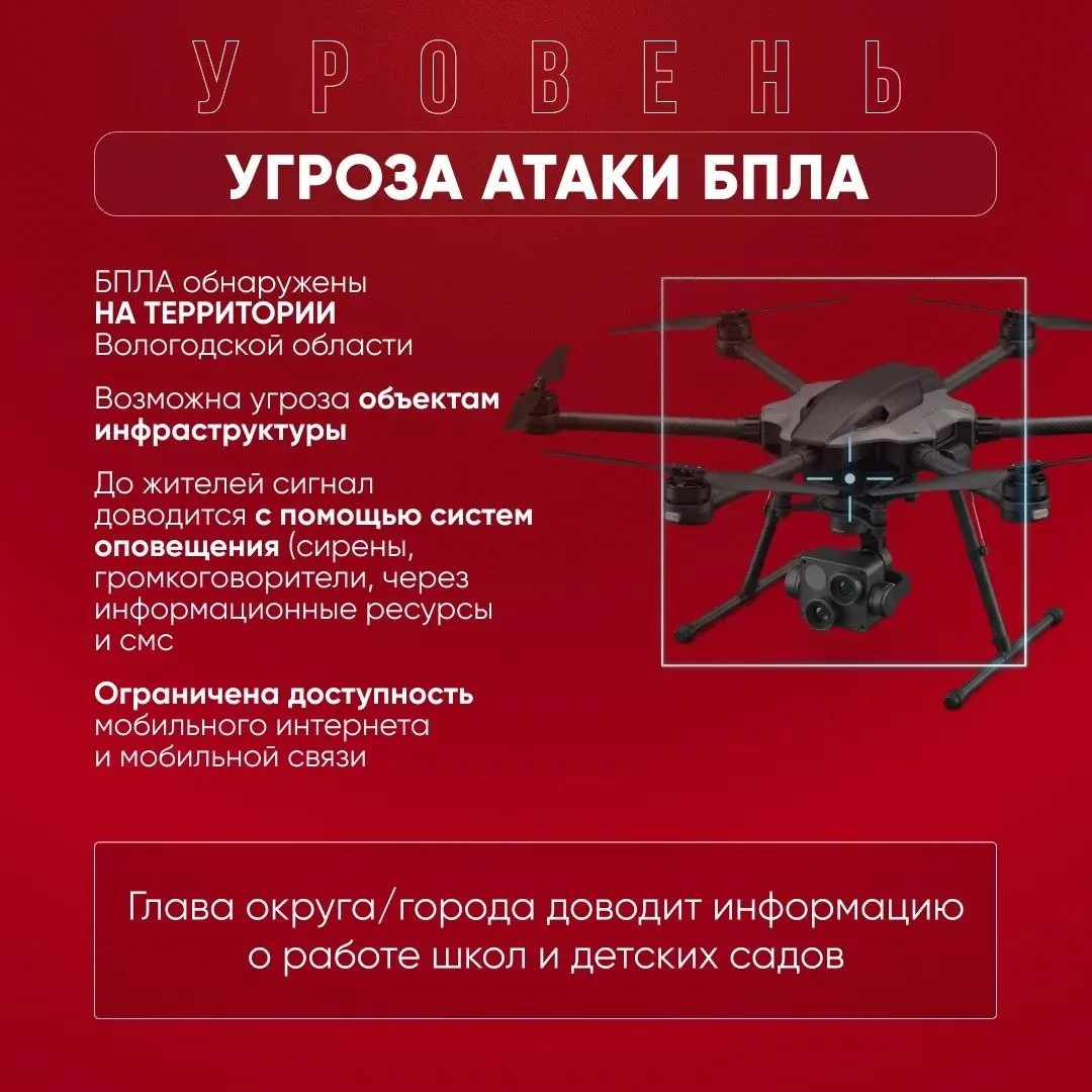 Режим «Угроза атаки БПЛА» введен на территории Череповца. Об этом сообщил губернатор.