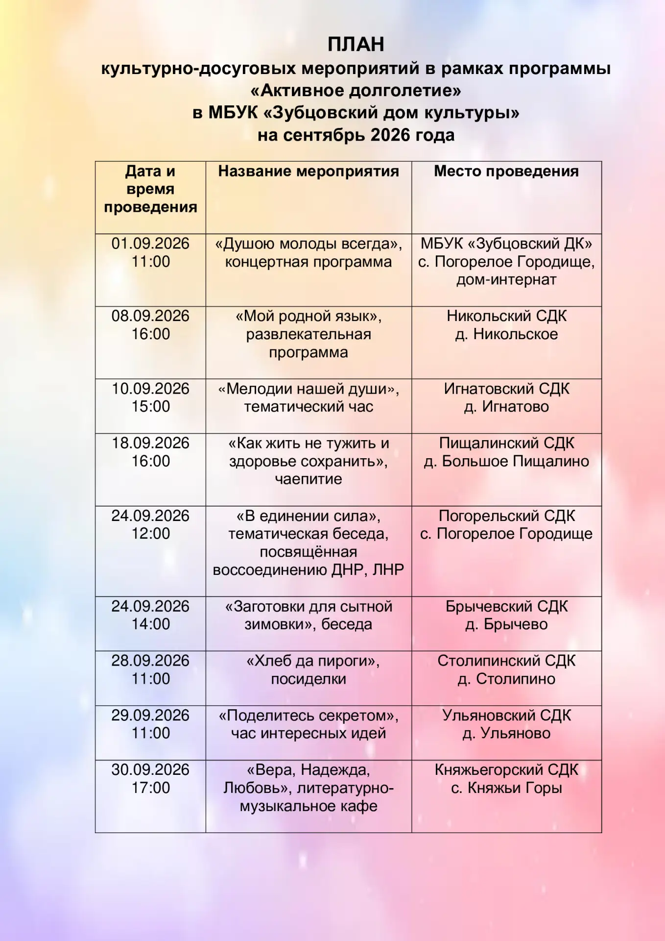 📍Предлагаем вашему вниманию план культурно-досуговых мероприятия в рамках программы «А...