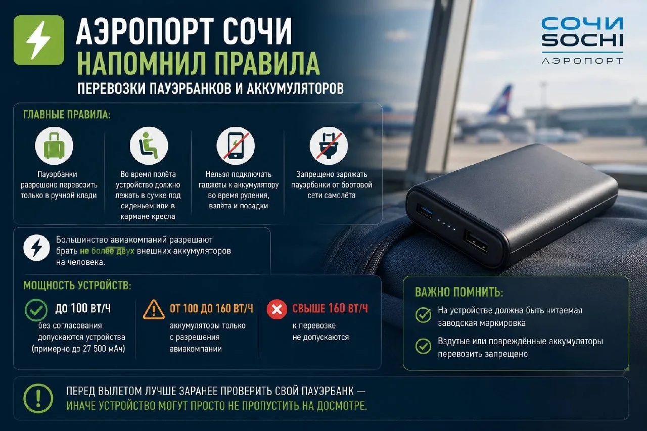 🔋Аэропорт Сочи напомнил правила перевозки пауэрбанков и аккумуляторов