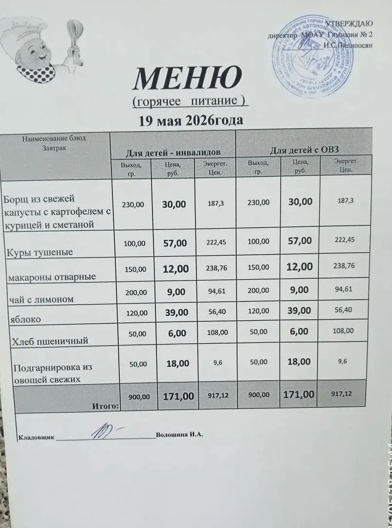 Школьное меню МОАУ ГИМНАЗИЯ 2 19.05.2026