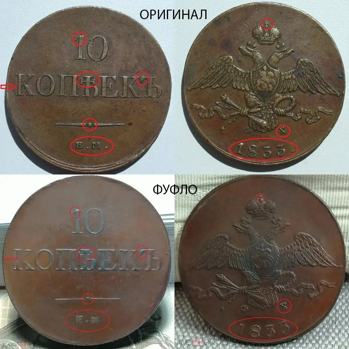 10 копеек 1833 года ЕМ-ФХ. Как отличить оригинал от фуфла.