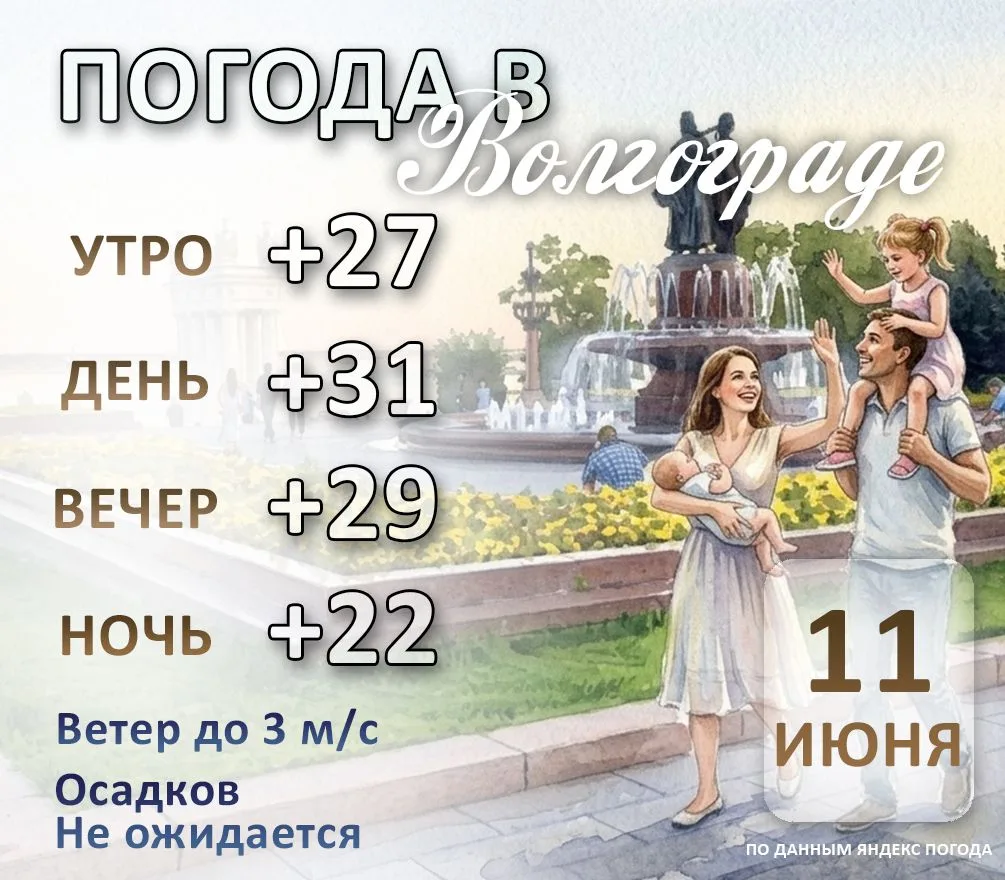 Погода в Волгограде на сегодня, 11 июня.

Свежие новости читайте на сайте Volganet