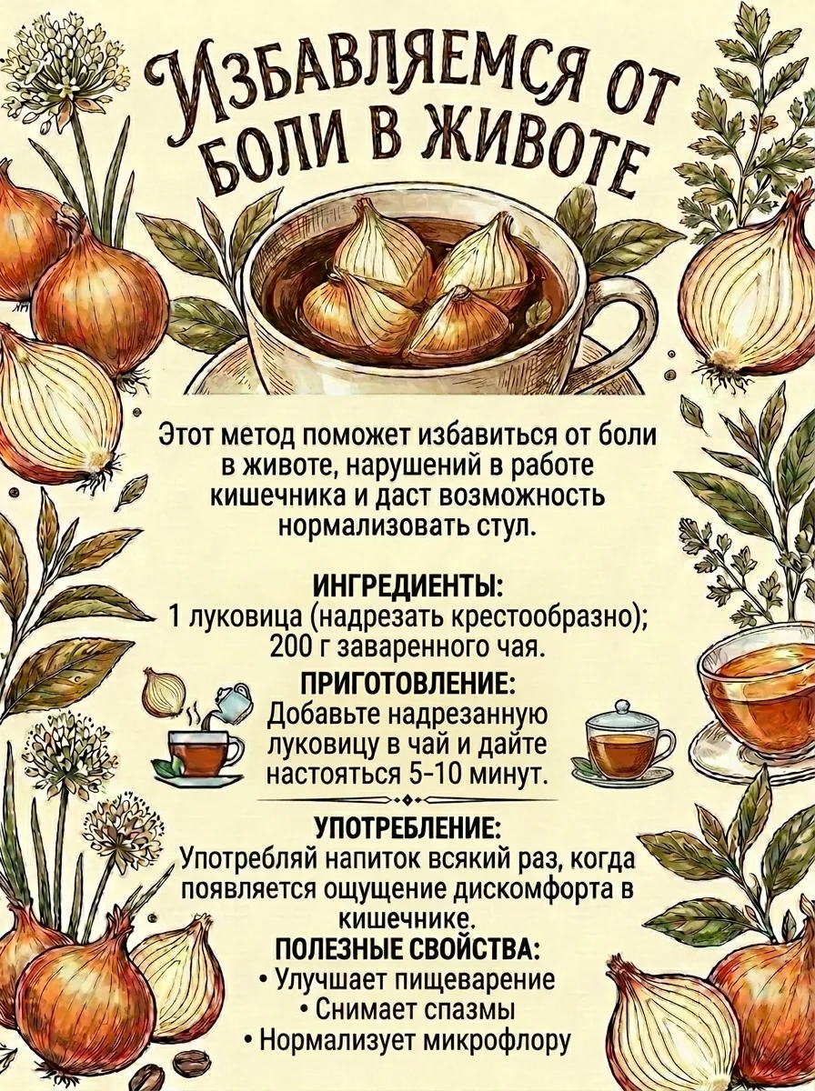 Луковый чай от боли в животе

Этот напиток снимает спазмы, убирает вздутие и помогает при расстройст