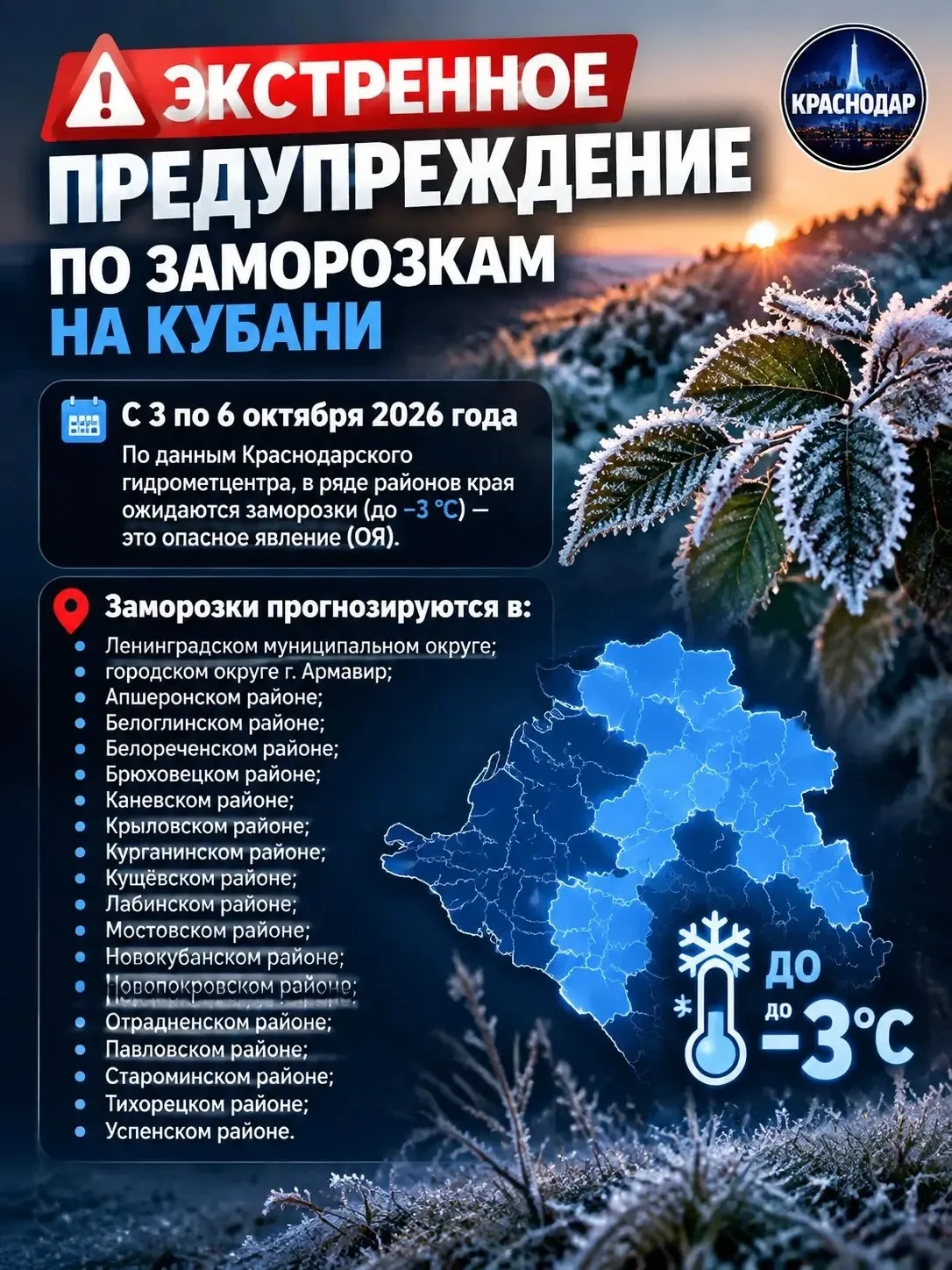 Экстренное предупреждение по заморозкам на Кубани