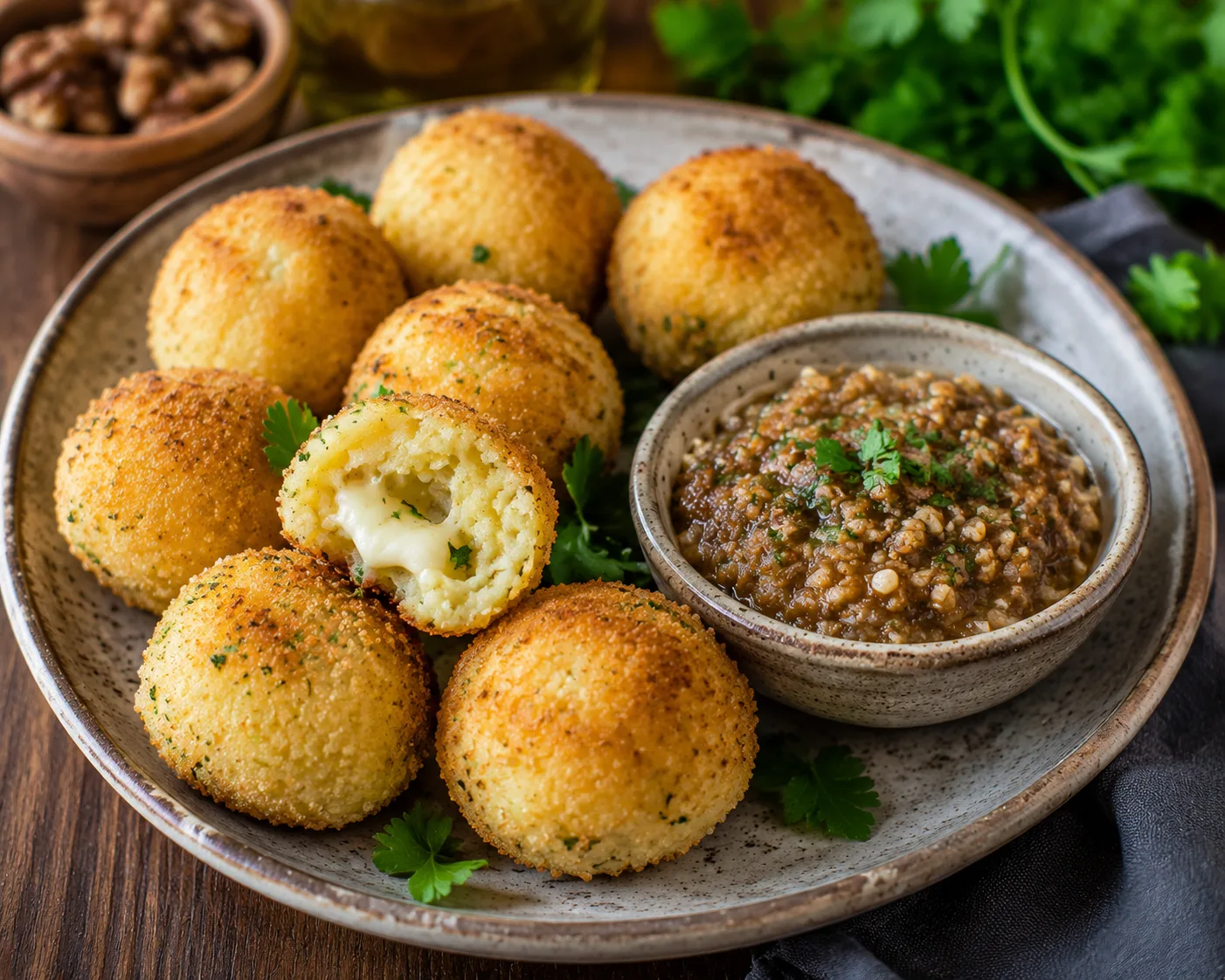 🥔🧀 Картофельные фрикадельки с сыром и грузинским соусом — нежные внутри, румяные снаружи