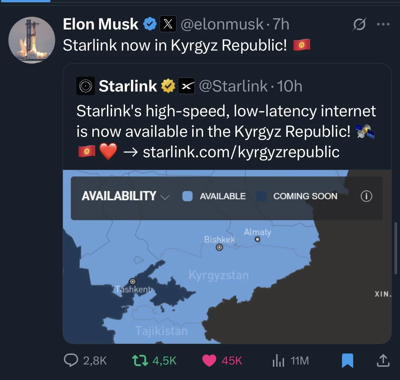 Кыргызстан запустил Starlink.

Для горной страны решение хорошее: есть сёла, школы, труднодоступные 