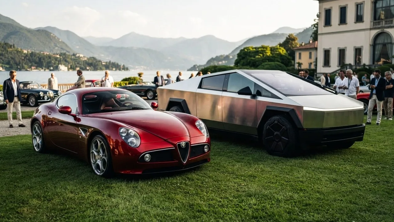 Alfa Romeo 8C и Tesla Cybertruck встретились на конкурсе в Италии