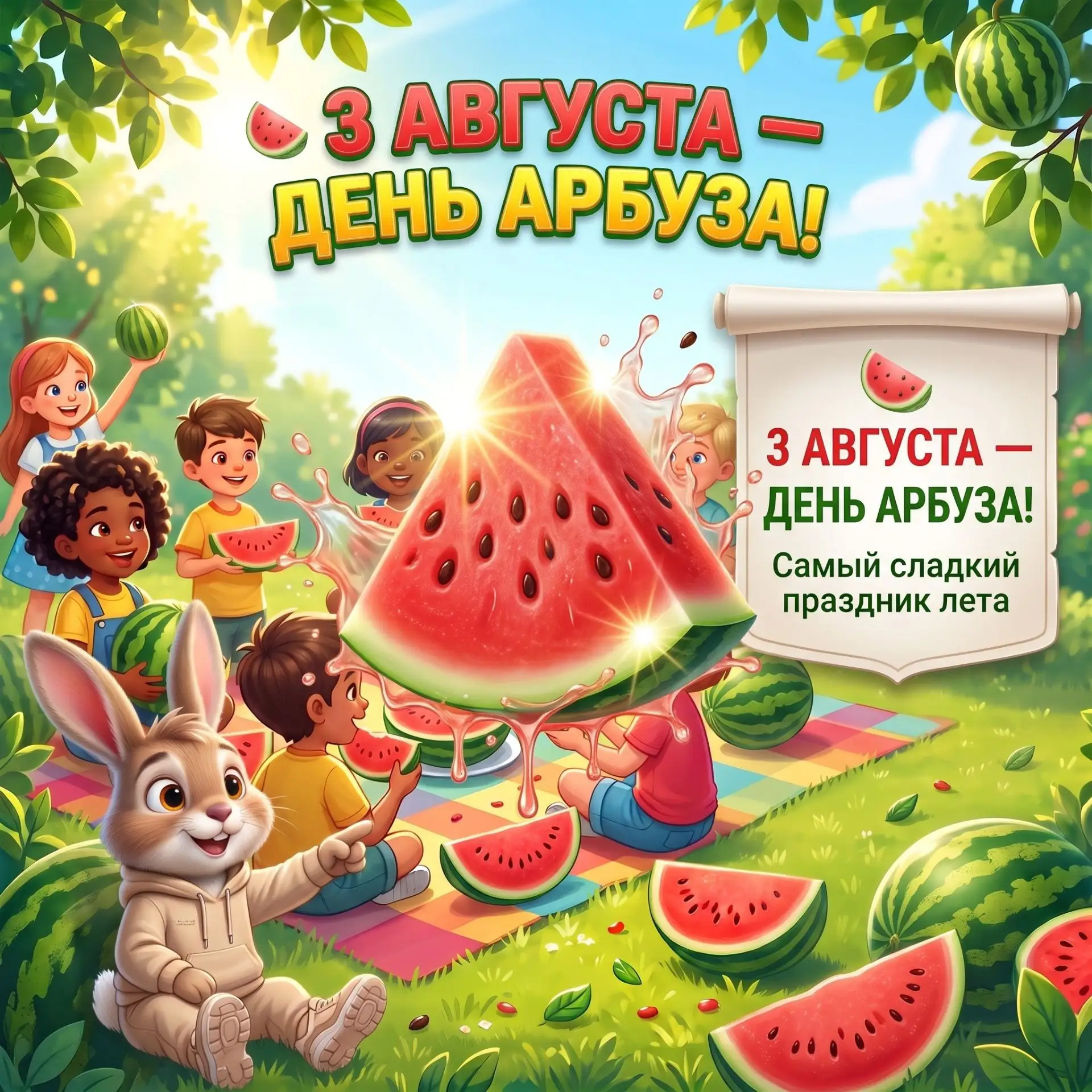 🍉 3 августа — День арбуза! Вместе с зайцем Умняшей узнаём всё о самой сладкой ягоде!