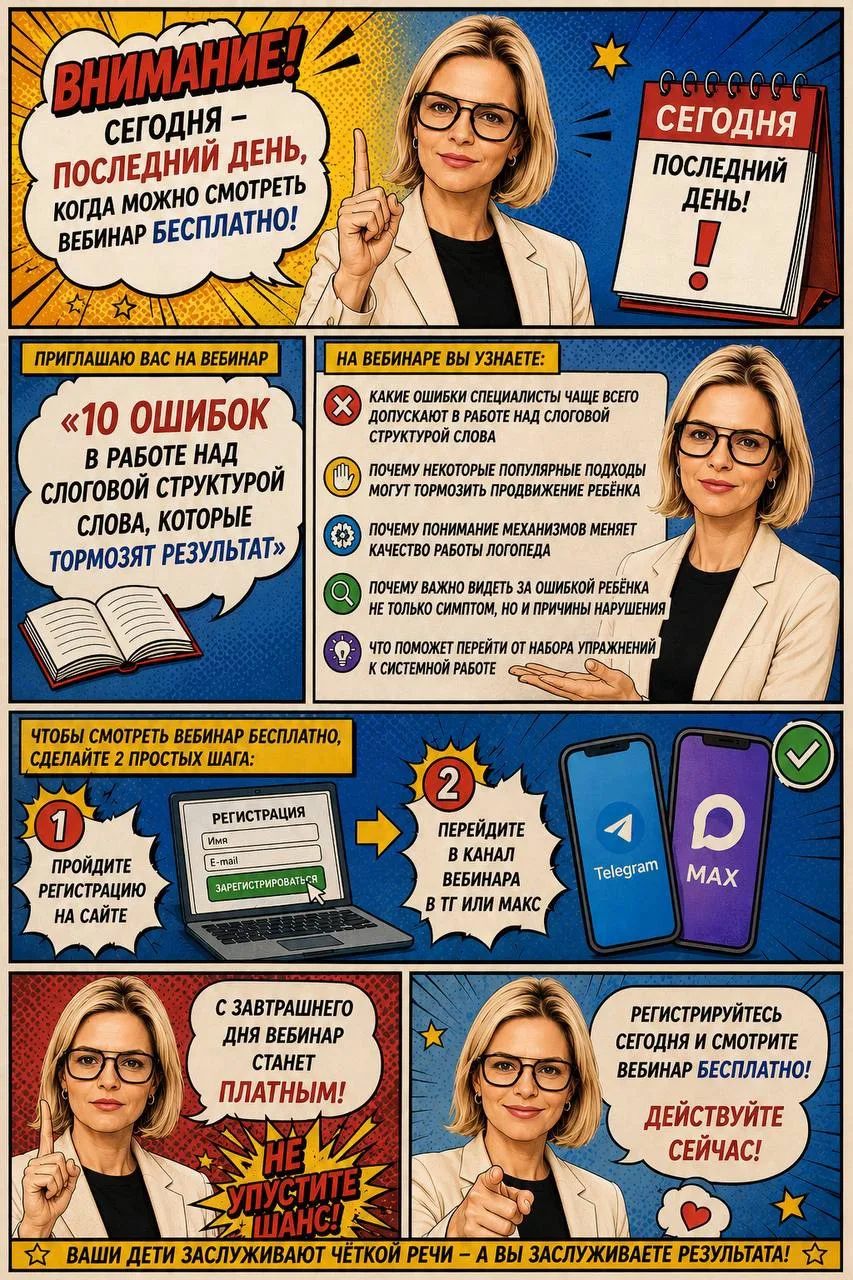 ⚡ Сегодня последний день бесплатного доступа к вебинару

«10 ошибок в работе над слоговой структурой