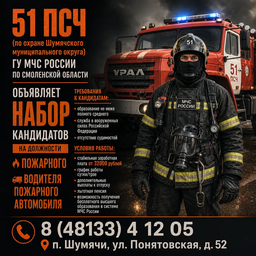 Уважаемые жители Шумячского округа!

51 пожарно-спасательная часть объявляет набор кандидатов на дол