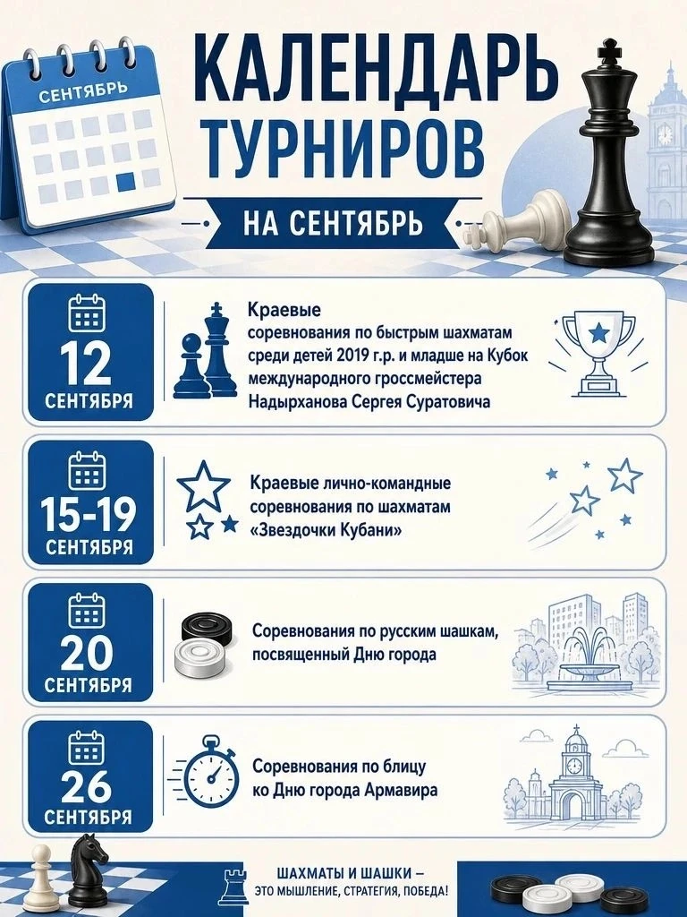 ❗️Календарь шахматно-шашечных турниров Армавира на сентябрь 2026 года!