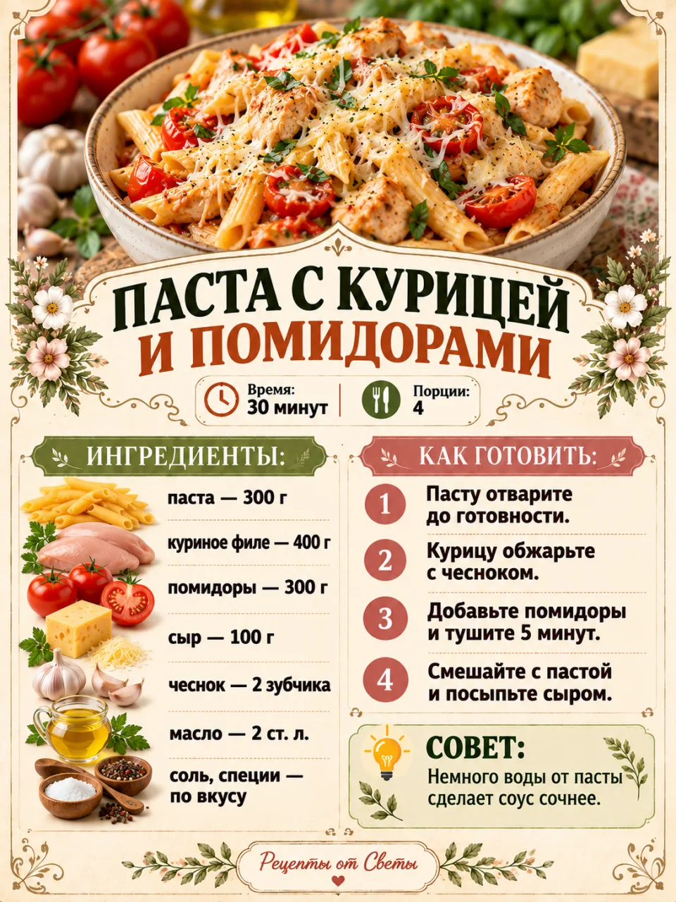 🍝 Паста с курицей и помидорами
