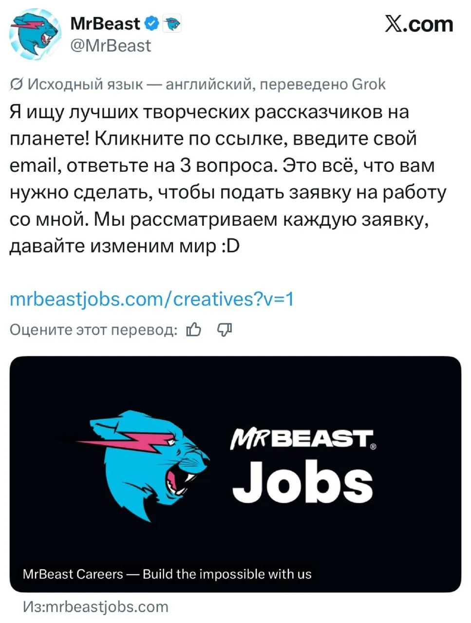 Мистер Бист ищет новых сотрудников — блогер объявил набор лучших творческих рассказчиков для работы 