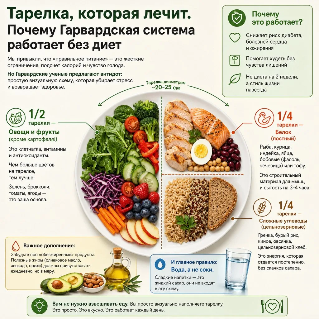 Я сделал Вам памятку с помощью ИИ , что такое «Гарвардская тарелка» и как это работает .