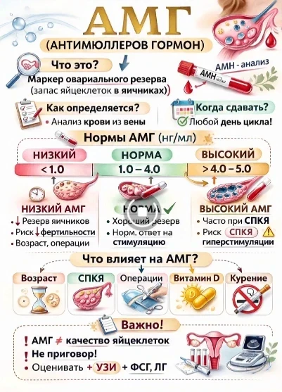 АМГ — гормон, который говорит о вашем репродуктивном «запасе» 👇

Антимюллеров гормон (АМГ) — это ма