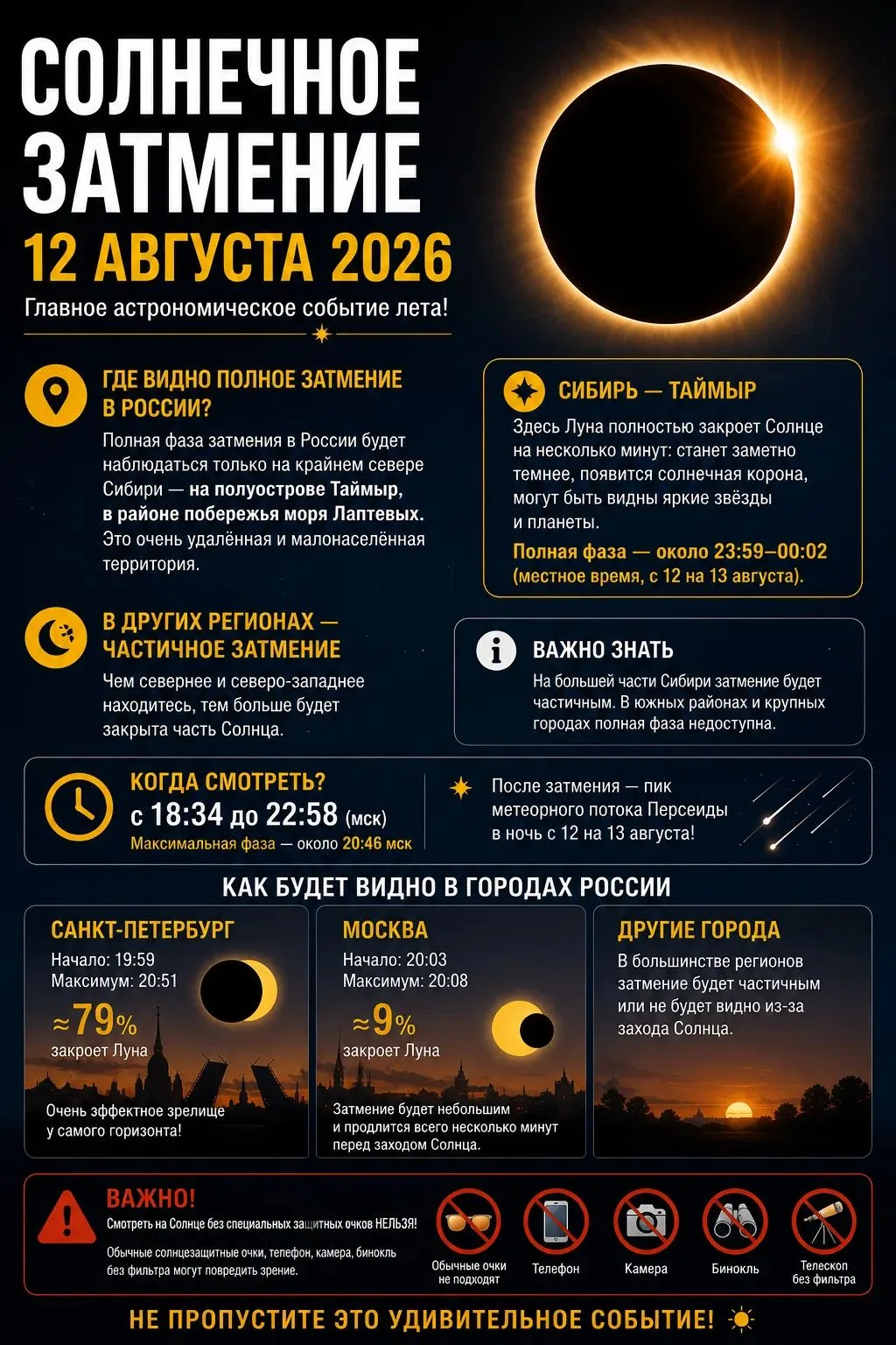 🌞 Солнечное затмение 12 августа 2026 года: где его увидят в России