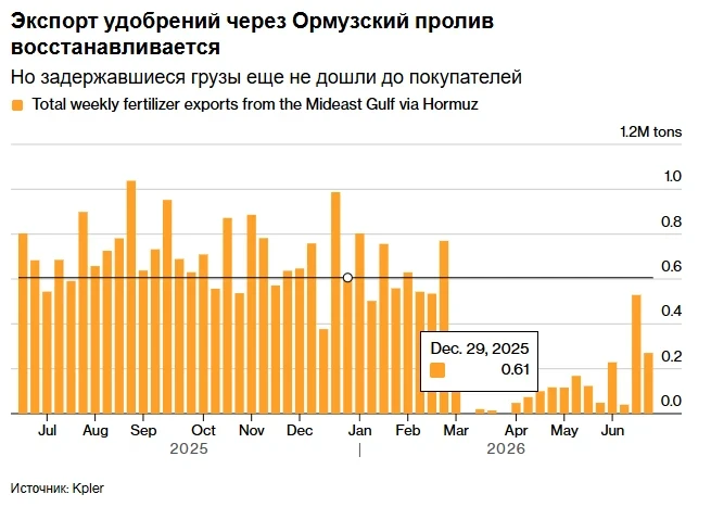 Поставки удобрений на мировой через Ормузский пролив значительно увеличились — Bloomberg @economykan