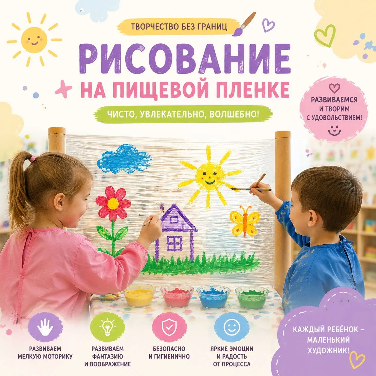 🎨Нетрадиционная техника рисования на пищевой пленке .