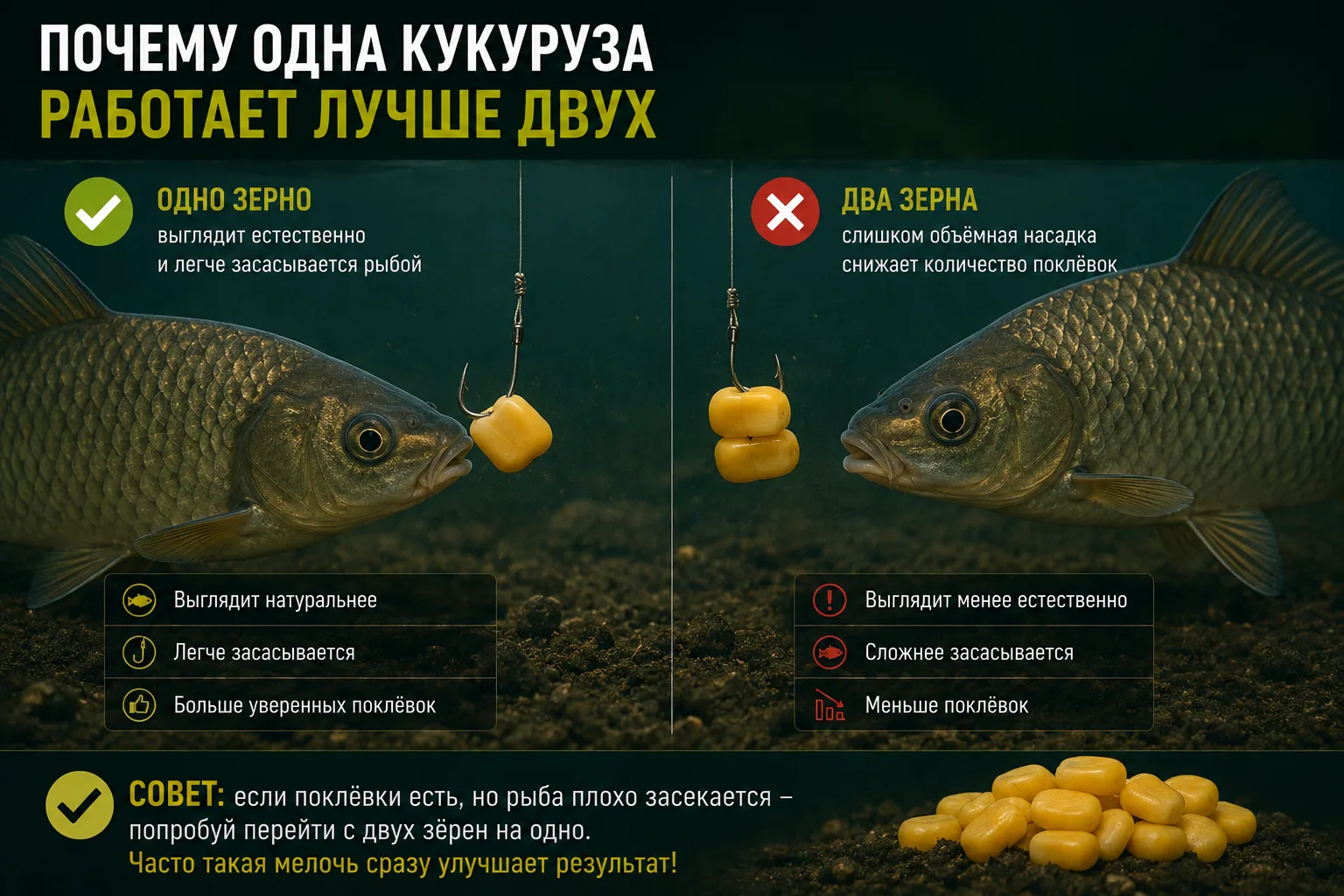 🟢 Почему одна кукуруза работает лучше двух

Многие стараются насадить на крючок сразу несколько зёр