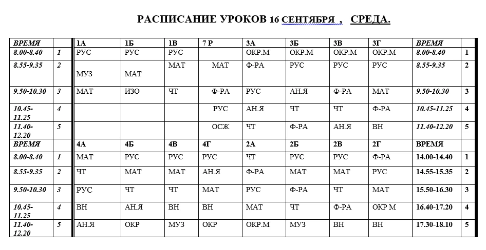 Расписание уроков на среду 16.09