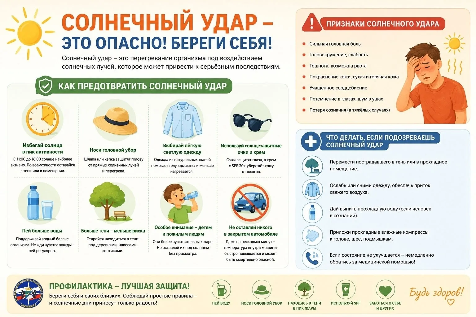 Солнечный удар — это не просто перегрев, а серьезная угроза здоровью. Он может вызвать головокружени