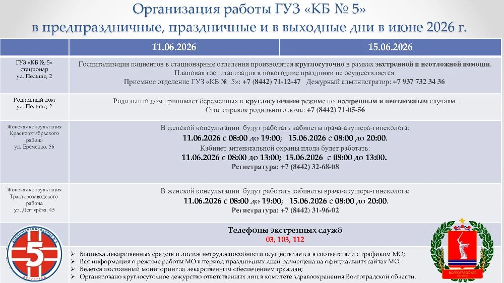 Напоминаем, график работы ГУЗ «Клиническая больница №5» в праздничные дни🇷🇺