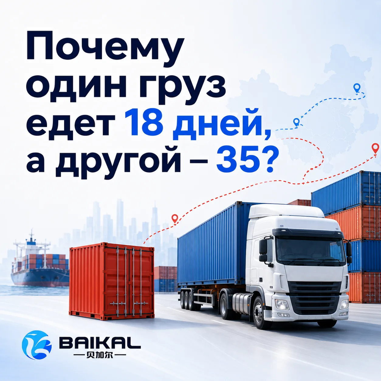 ❓ Почему один груз едет 18 дней, а другой – 35?

Кажется, что всё просто – отправили груз из Китая и