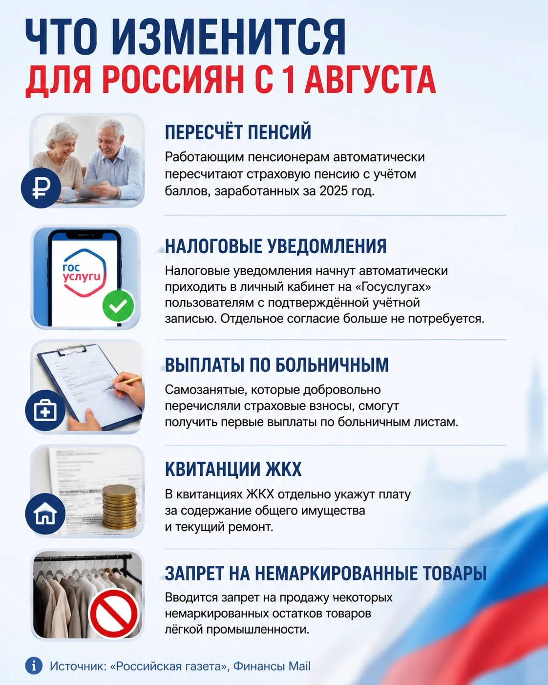 📌 Что изменится для россиян с 1 августа

С начала августа в России вступает в силу ряд новых правил