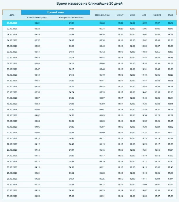 🕌Время намаза в Лениногорске на октябрь 2026