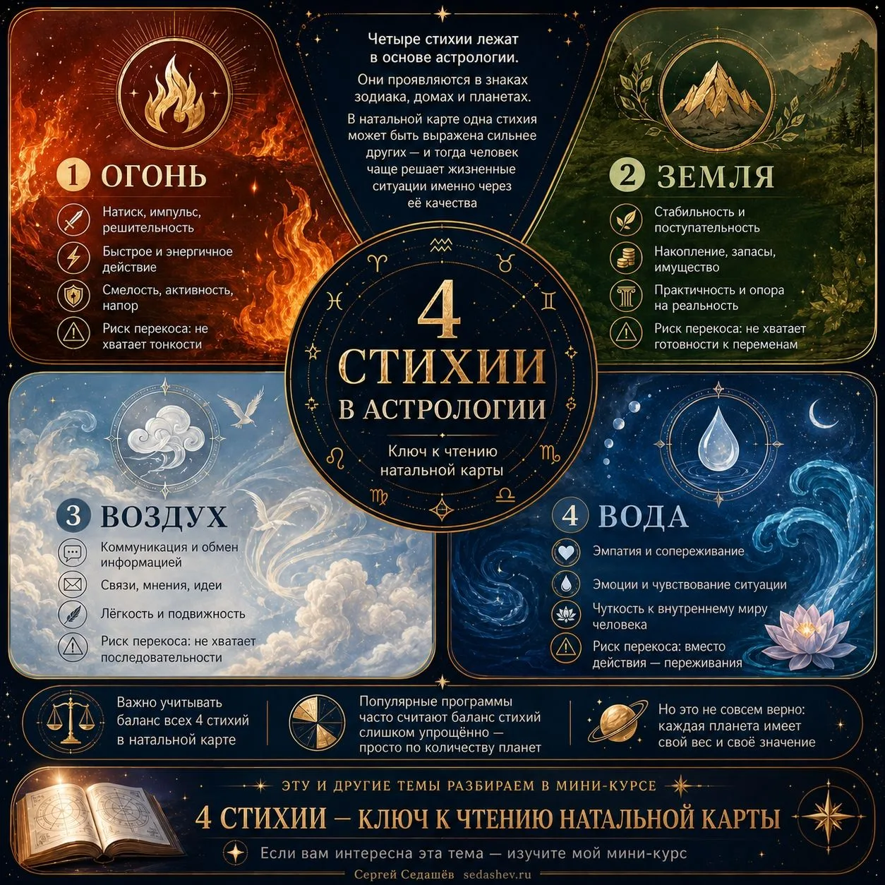 Ещё раз про 4 стихии в астрологии.

А мини-курс «4 стихии: ключ к чтению натальной карты» по-прежнем
