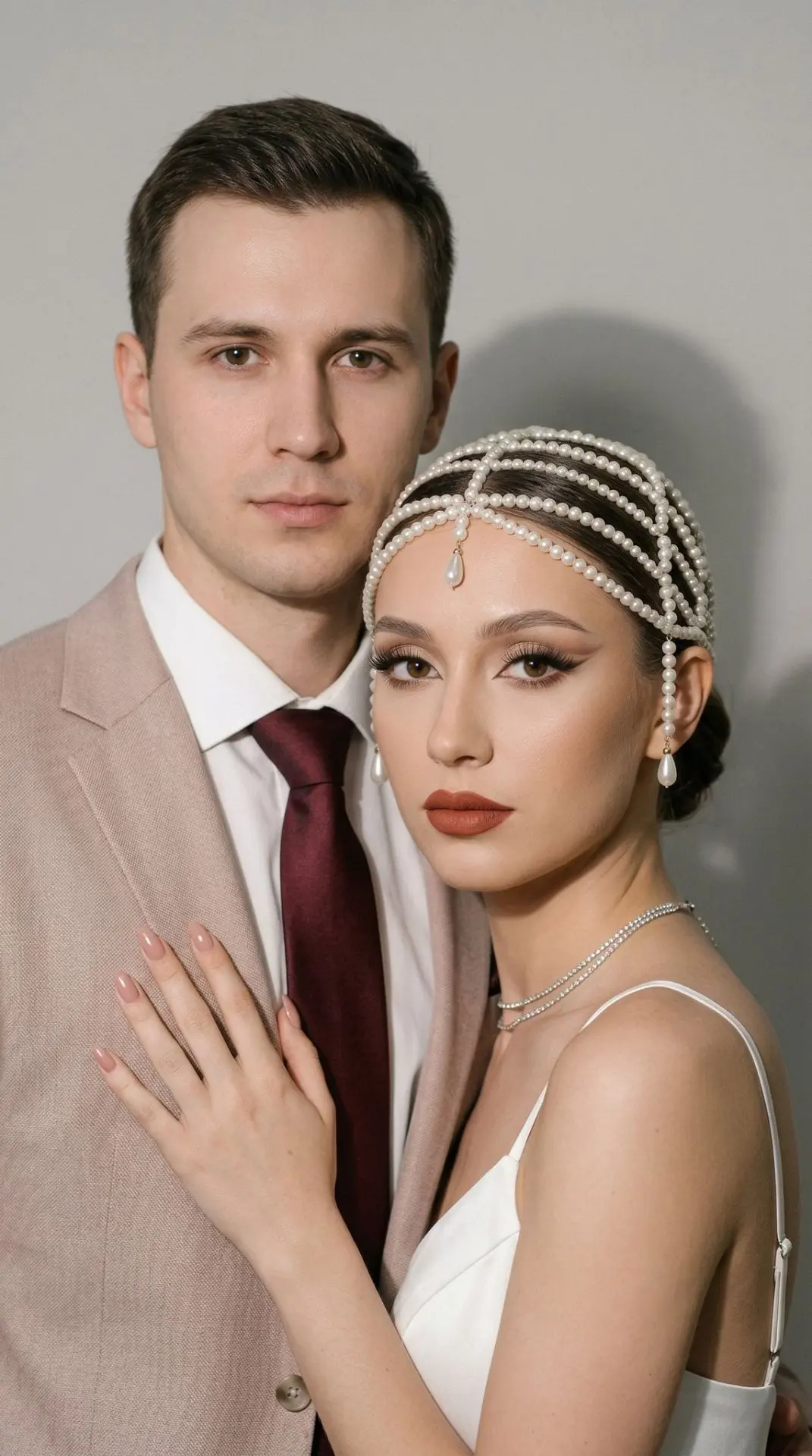 A man and woman stand against a neutral background, both looking directly into the camera. The woman