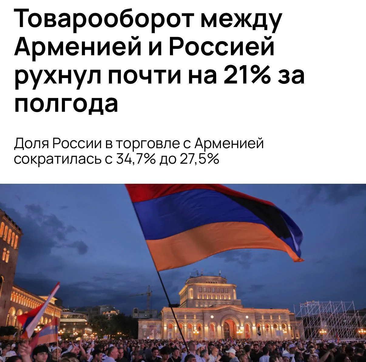 🇦🇲 Товарооборот между Арменией и Россией упал на 21% за полгода
