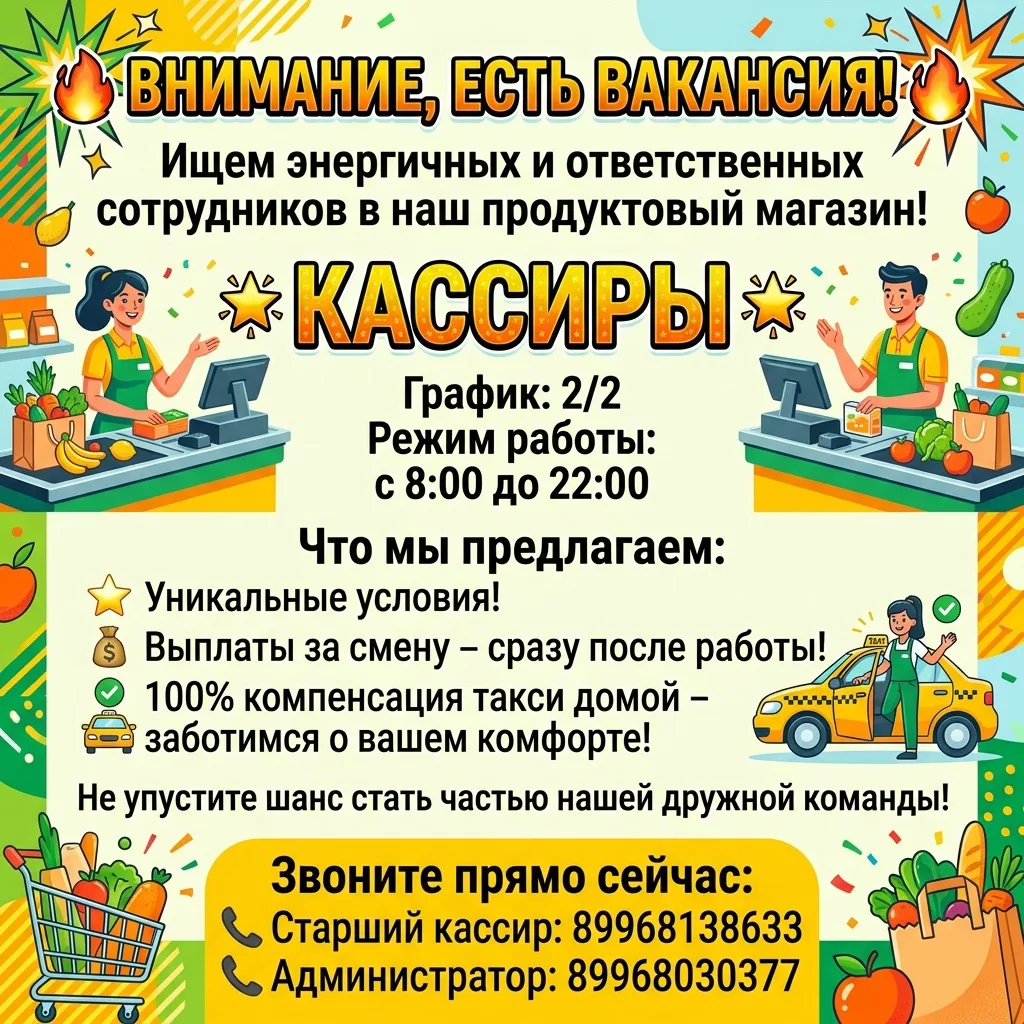 Мы ПОВЫСИЛИ ЗП 
ИЩЕМ ТОЛЬКО КАССИРОВ ,на самые лучшие условия 
Звоните прямо сейчас 
Администратор �