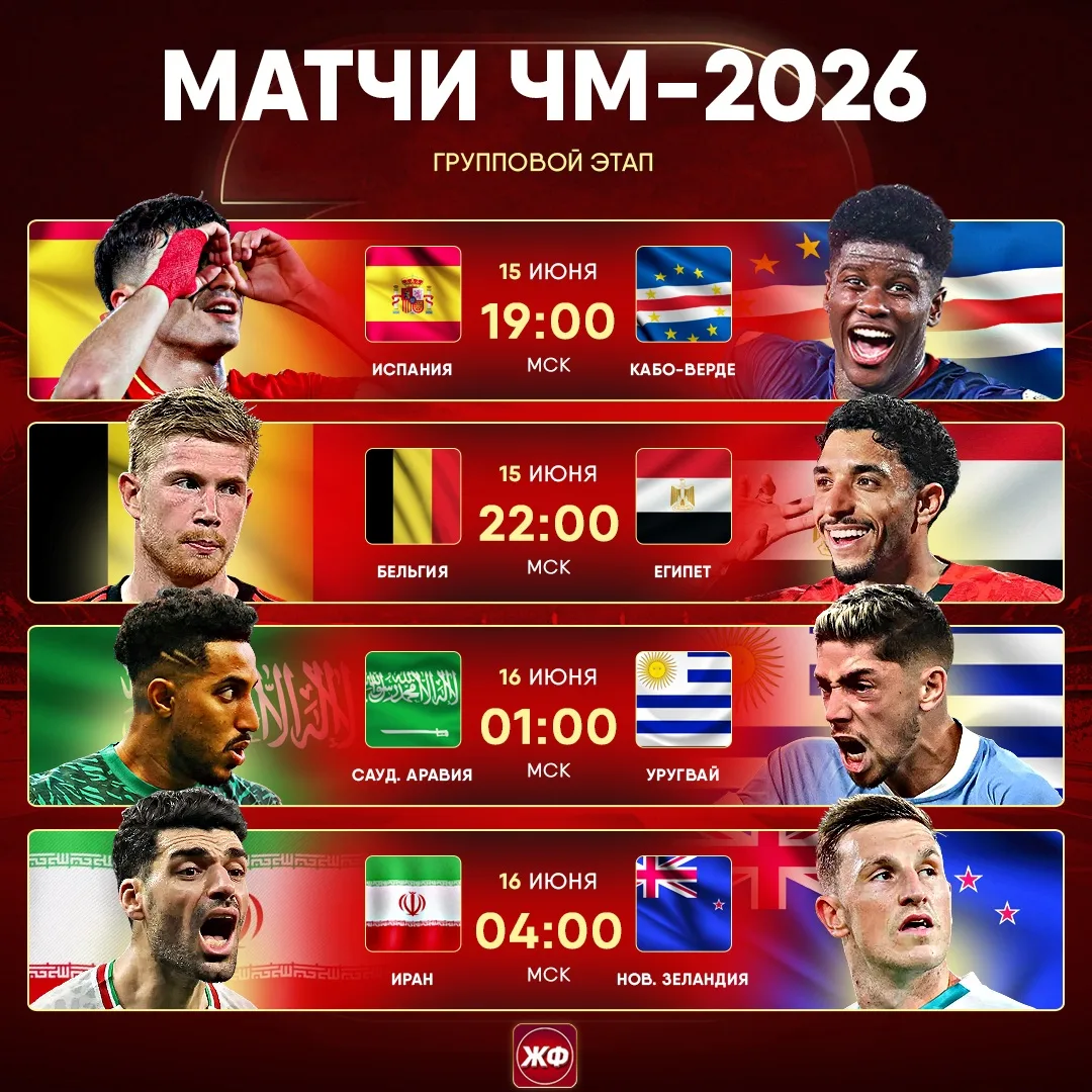 ⚡️ Расписание матчей ЧМ-2026!

😎 Сегодня нас ждут матчи Испании, Бельгии и Уругвая