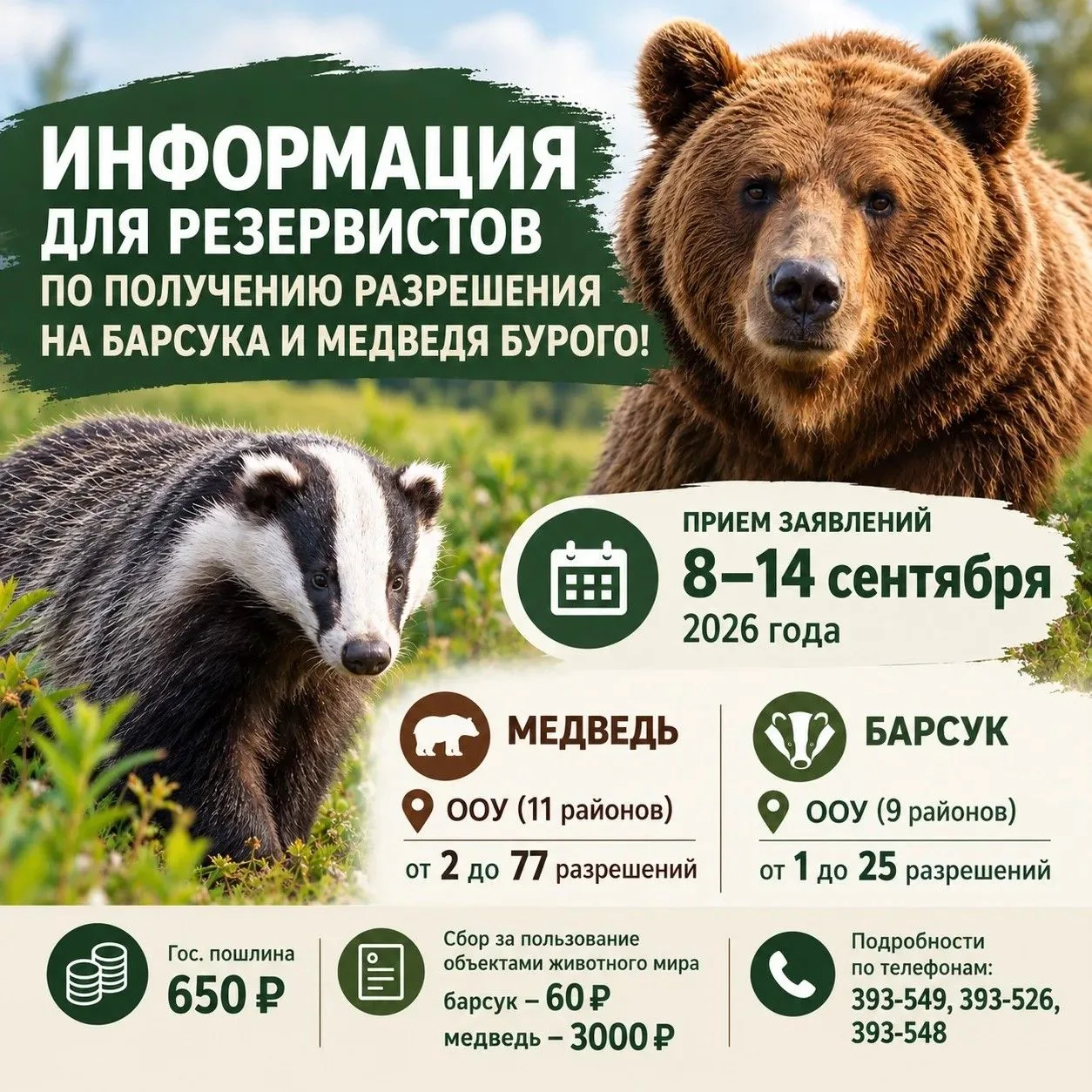 🦡🐻 Информация для резервистов жеребьёвки на добычу барсука и бурого медведя