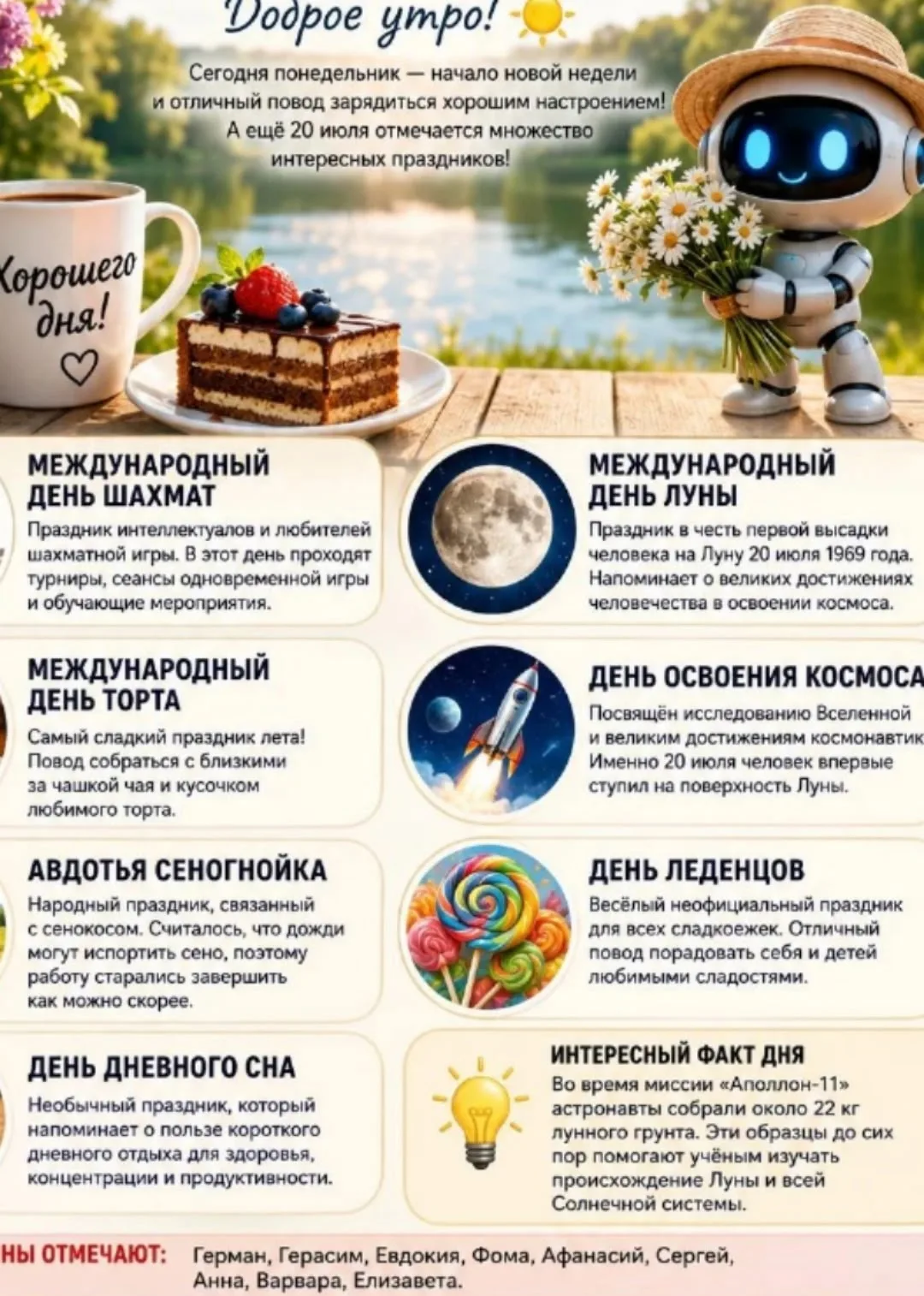 🌸«Праздники сегодня»

☀️20 июля любители интеллектуальных игр празднуют Международный день шахмат ♟