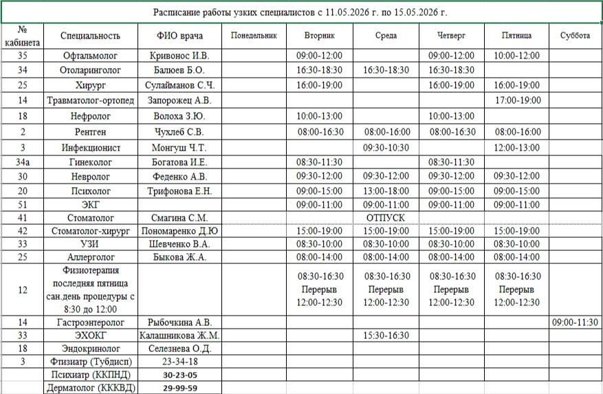 🥼🕐Расписание работы специалистов с 11.05.2026 г. по 15.05.2026 г.