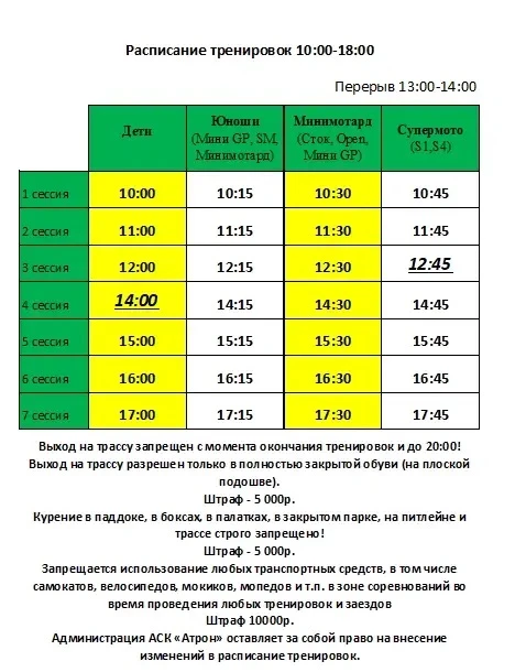Расписание тренировок Атрон 18-19 июня
Стоимость трек-дня 5000 руб., датчик 1000р.
+7 (4912) 55-05-6