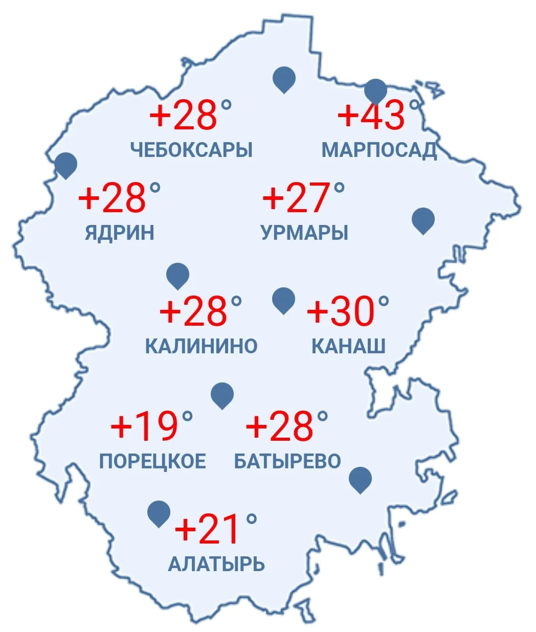 В юго-западных районах Чувашии начались дожди и похолодало до 19-21 градуса.

На остальной территори