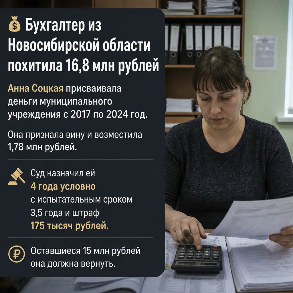 💰 Бухгалтер из Новосибирской области похитила 16,8 млн рублей