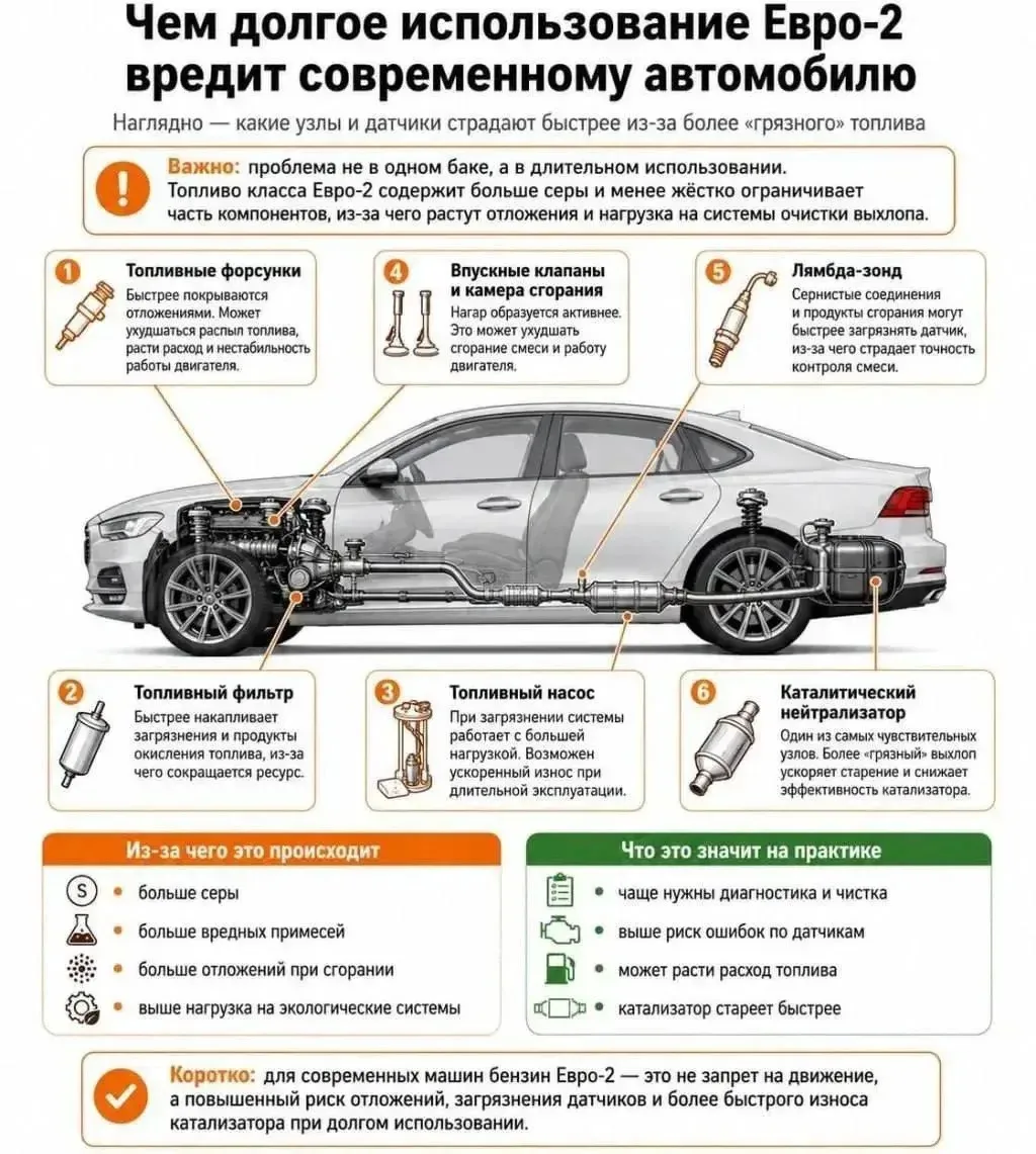 Бензин Евро-2 вредит сразу всем частям машины: форсункам, клапанам, фильтру и топливном...
