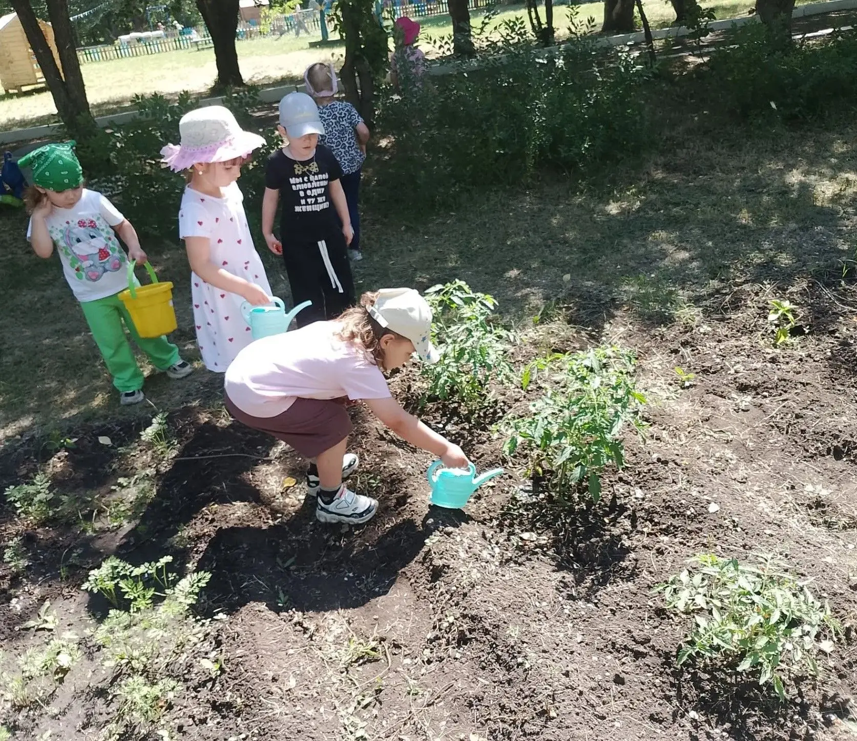 Продолжается работа в огороде. Ребята второй младшей группы первые помощники – прополка, полив, рыхл