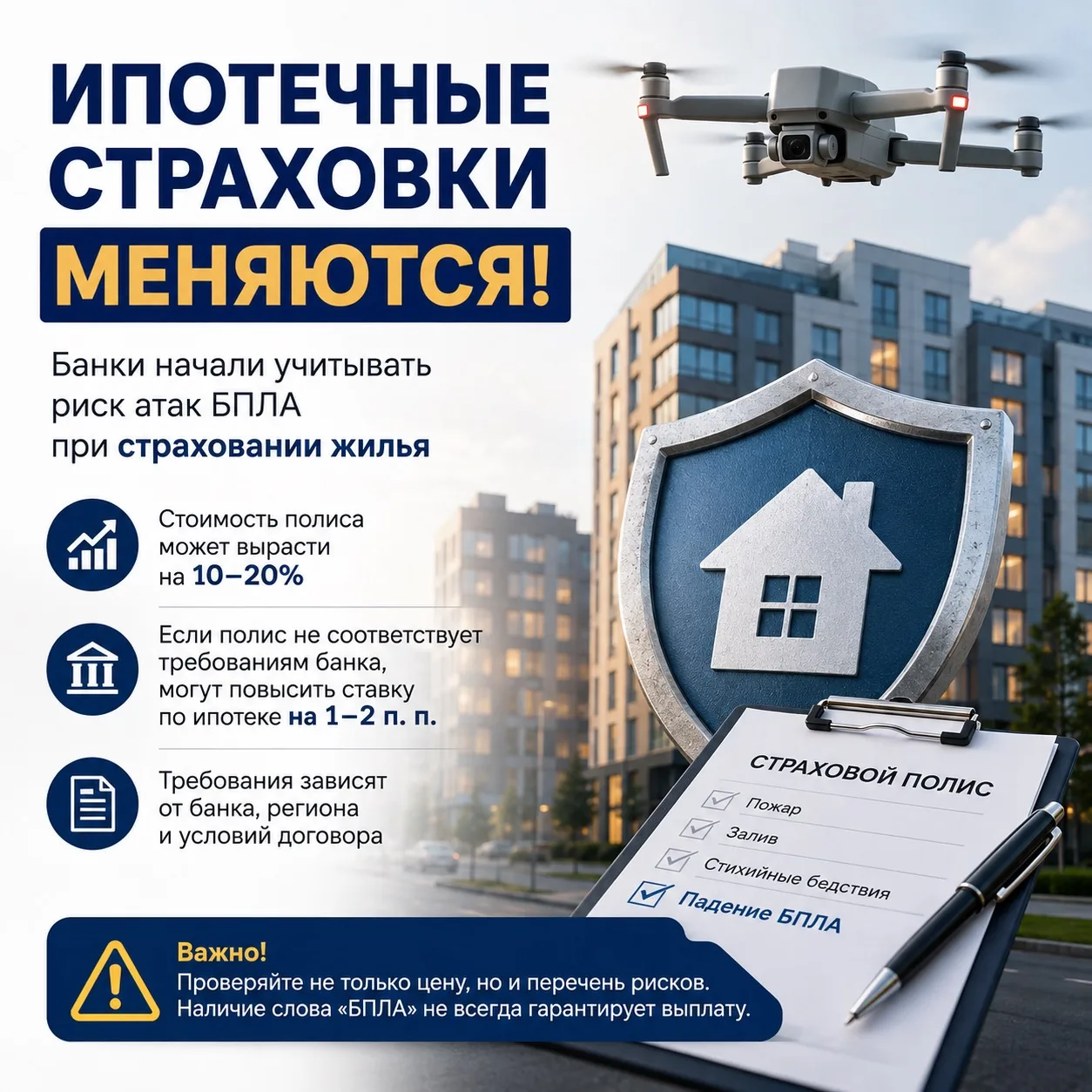 ⚠️ Ипотечные страховки меняются: банки начали учитывать риск атак БПЛА!