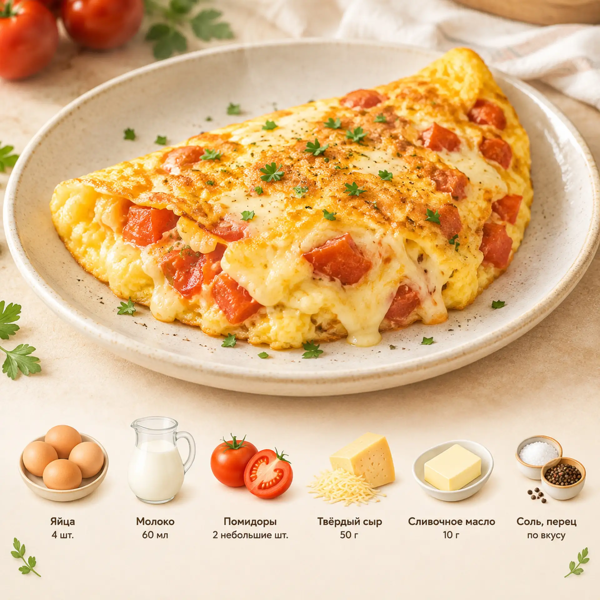 Омлет с помидорами и сыром 🤤