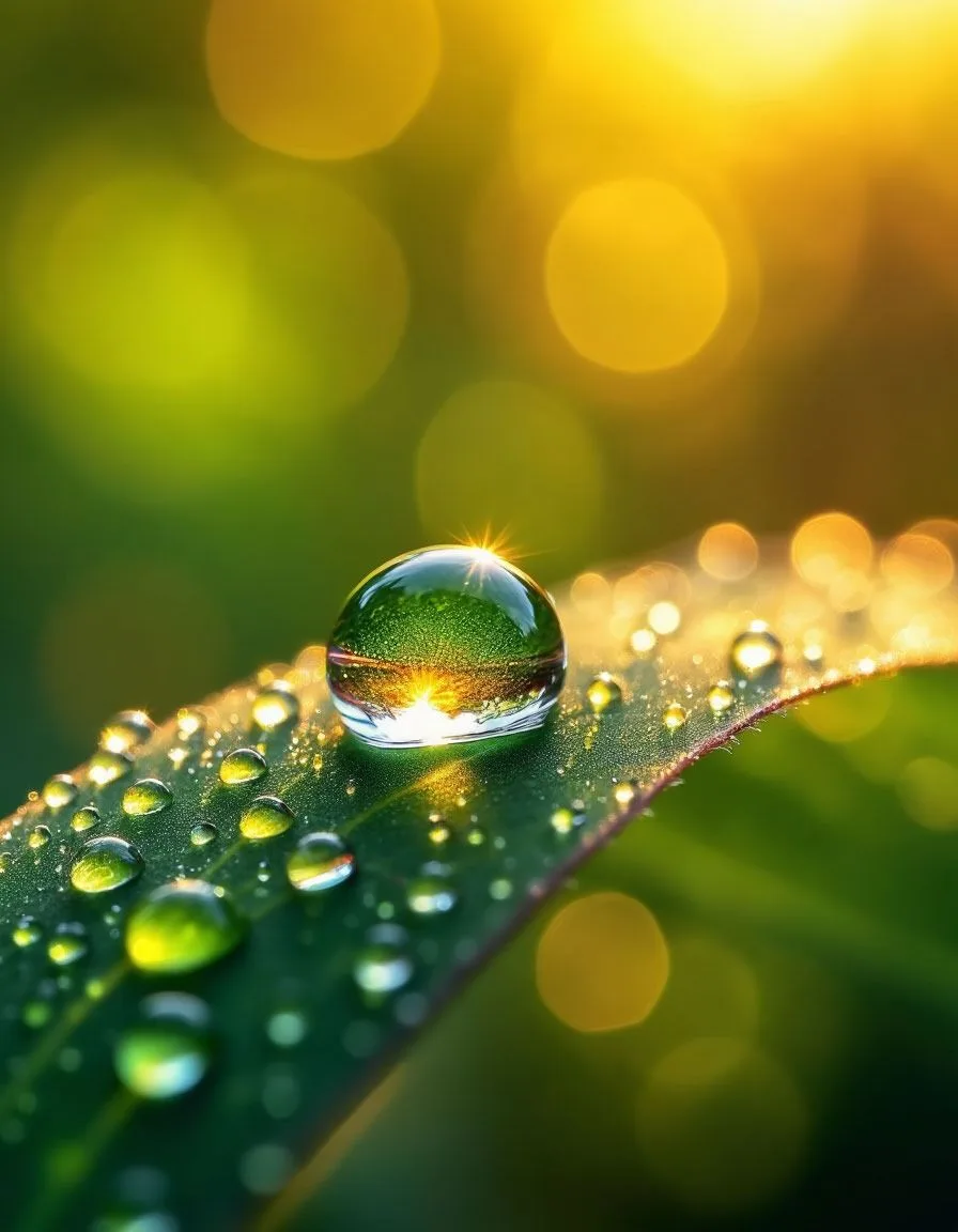 Extreme macro photography of summer, dew drops on a green leaf, rainbow refraction in the water drop