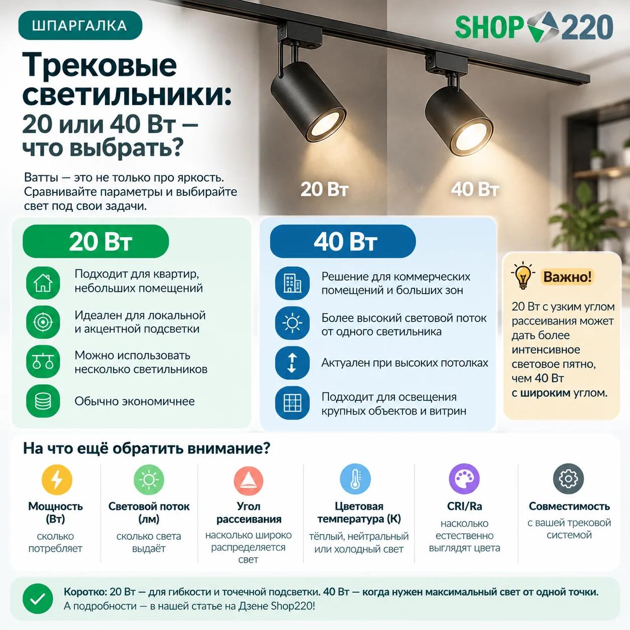 💡 Трековые светильники: 20 или 40 Вт — что выбрать?