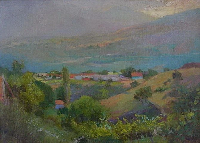 👆 Владимир Паталаха. Вид села Лучистое. 1958. Холст на картоне, масло. 27,5 х 37,5