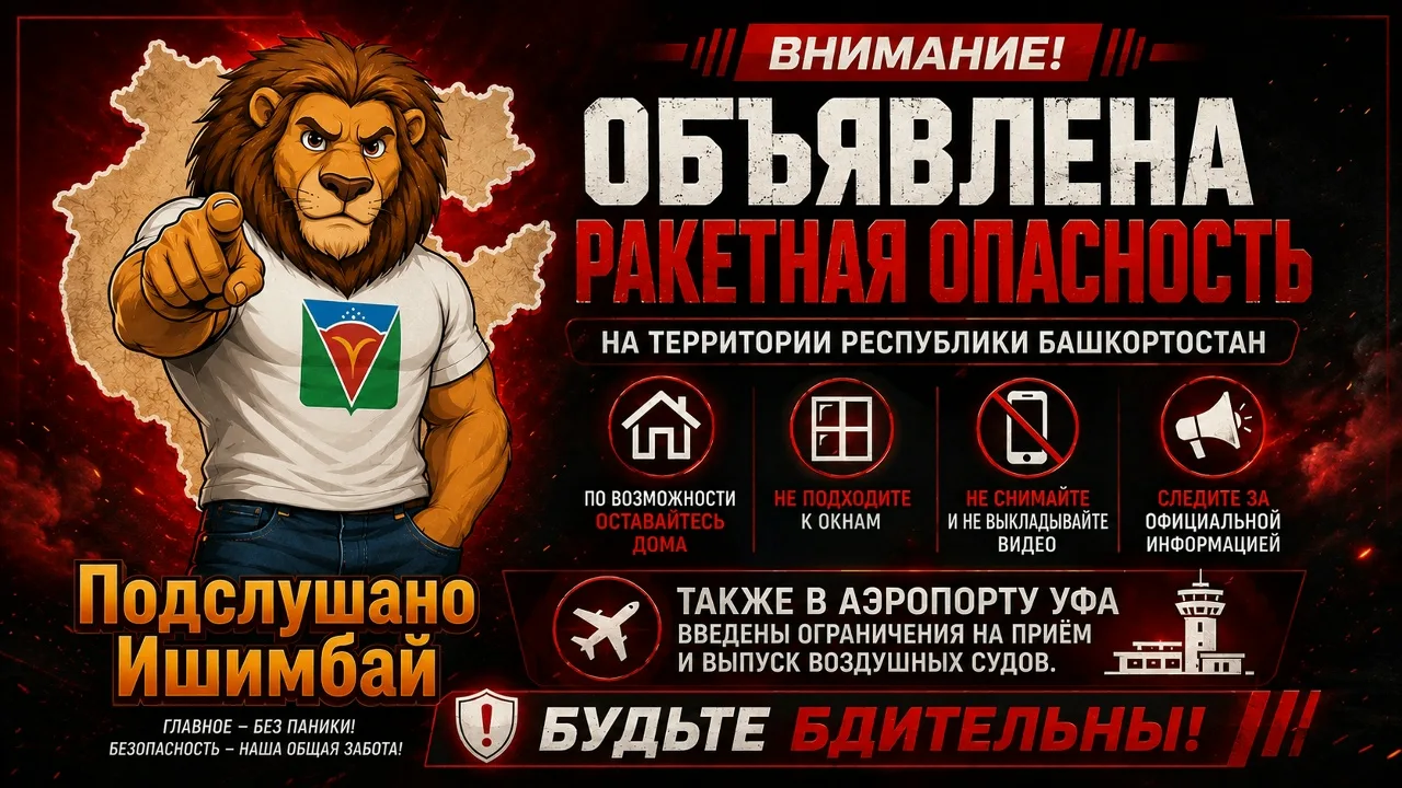 Объявлена Ракетная опасность на территории Республики Башкортостан. Также в аэропорту У...